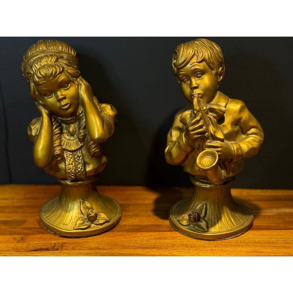 Vintage 1971 Universal Statuary Corp Gold Bust Set Boy Saxophone Girl Kendrick
